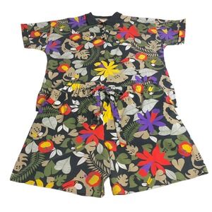 Vintage Sunny Lady Hawaiian Polo Top Shorts Set Womens 38 Floral All Over Print